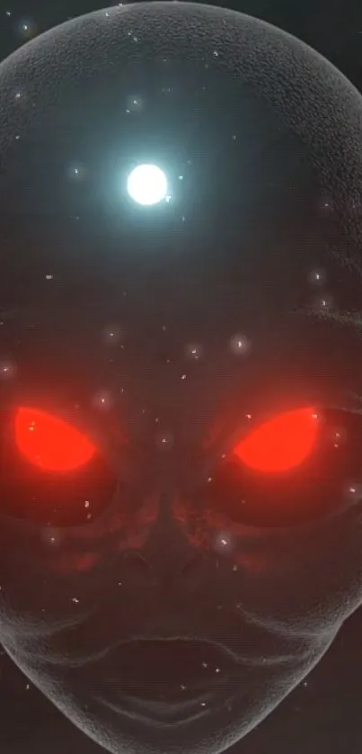 Alien head with glowing red eyes on a dark cosmic background.