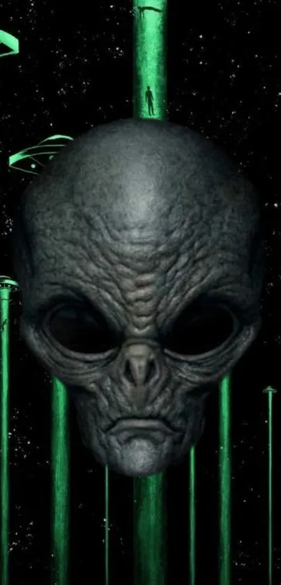 Alien head with green pillars in space.