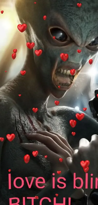 Alien figure adorned with red hearts.