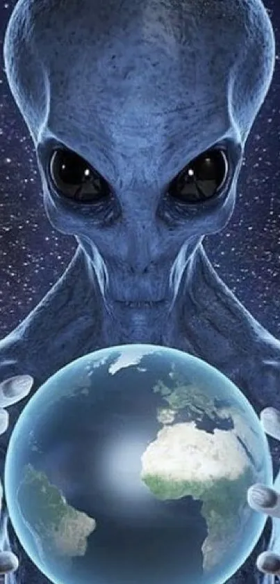 Alien with glowing eyes holds Earth against a starry background.