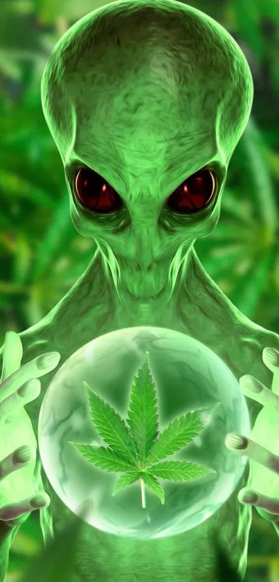 Alien holding glowing orb with cannabis leaf wallpaper.