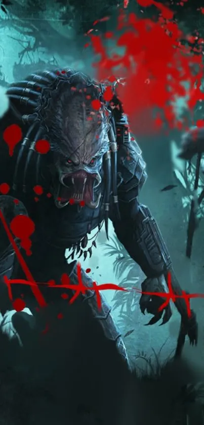 Alien warrior in dark forest with red accents on mobile wallpaper.