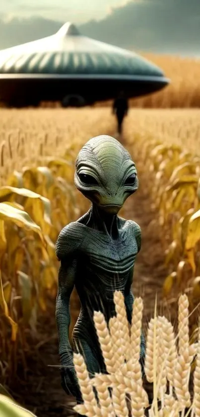 Alien in cornfield with UFO background.