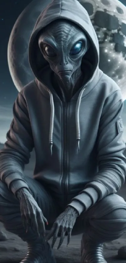 Alien in a hoodie crouching on a lunar surface with a full moon.