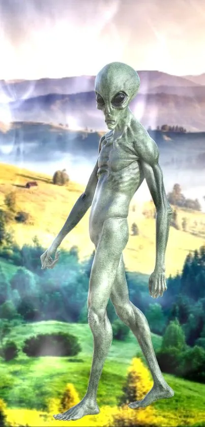 Alien figure standing in a vibrant, scenic landscape.