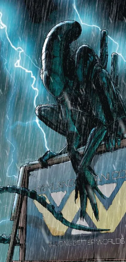 Alien figure perched on a signboard in a stormy night with teal lightning.