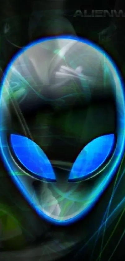 Futuristic alien wallpaper with glowing blue elements on a dark background.