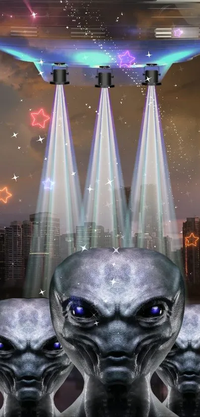 Alien cityscape wallpaper with UFOs and stars.