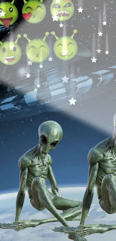 Two aliens on Earth under UFOs with cartoon faces above.
