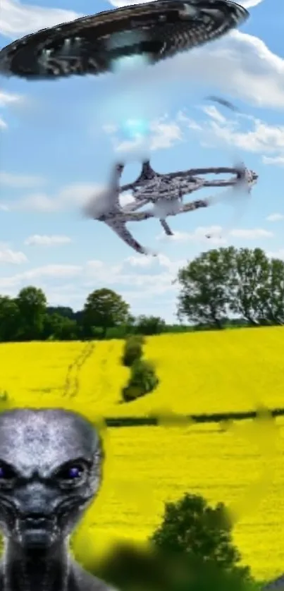 Alien ships hover over a vibrant yellow field.