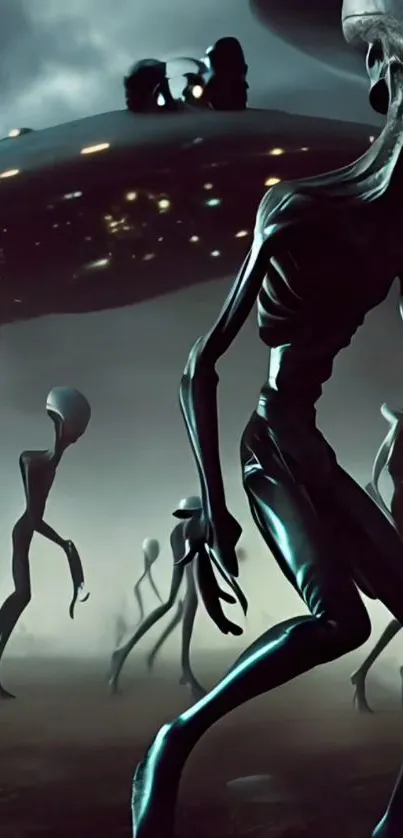 Alien invasion with spaceships in dark atmosphere.