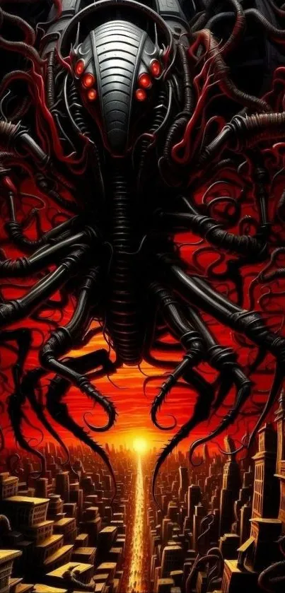 Futuristic alien invasion over a cityscape at sunset.