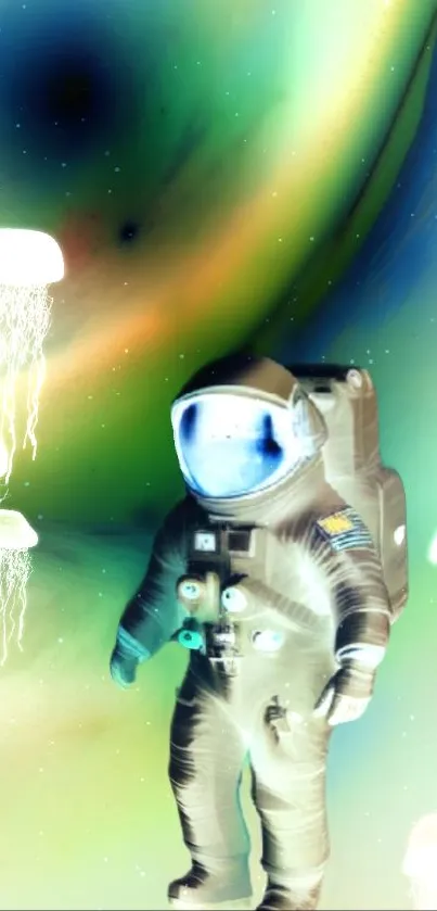 Astronaut floating with glowing jellyfish in a surreal cosmic space scene.