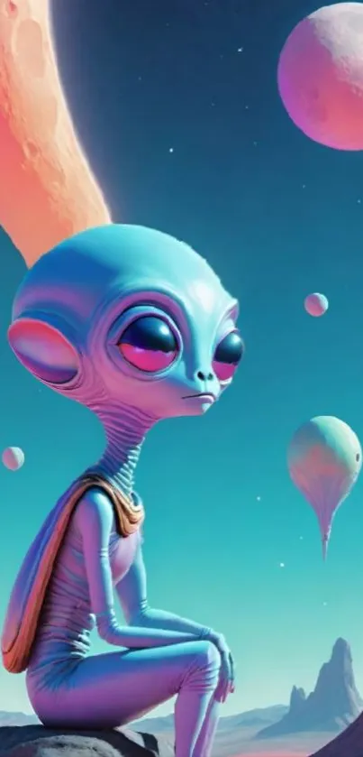 Alien sitting in colorful, surreal landscape with planets.