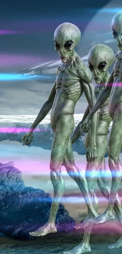 Three aliens walking in a neon-lit, futuristic landscape with vibrant colors.