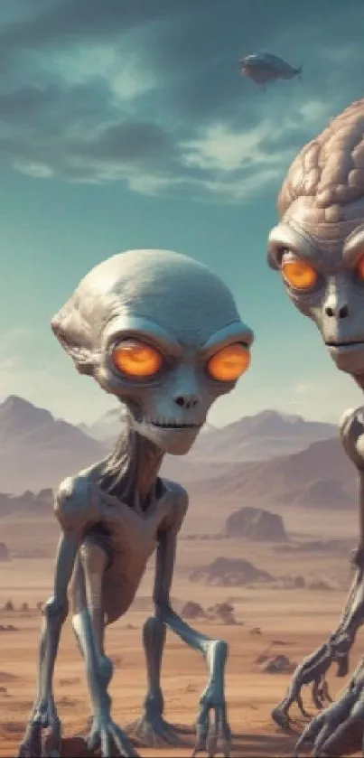 Illustrated alien figures in a desert landscape with mountains and sky.