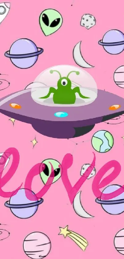 Cute alien and love text on pastel cosmic wallpaper.