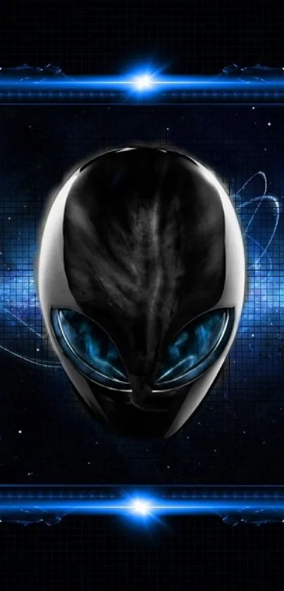 Futuristic alien face with blue eyes on a cosmic background.