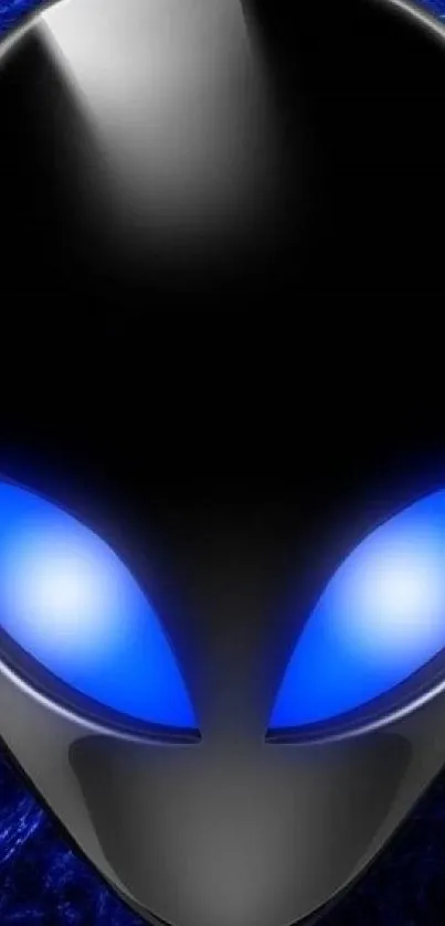 Futuristic alien mask with neon blue glow on a dark background.