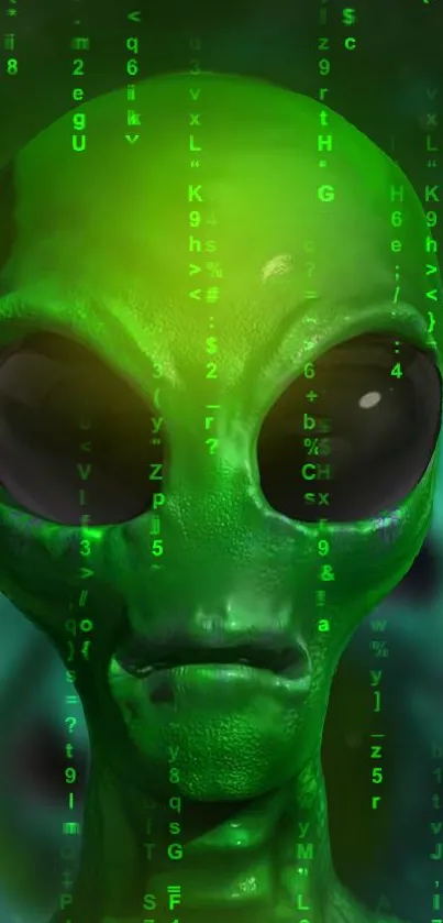 Neon green alien with matrix code, perfect for sci-fi wallpaper.