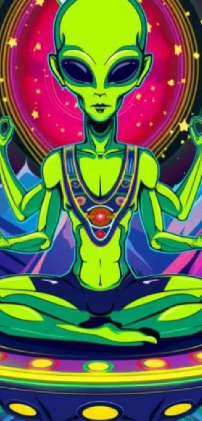 Alien meditation illustration with vivid colors and psychedelic design.