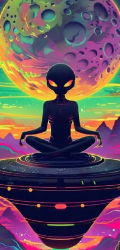 Alien meditating in a colorful cosmic landscape with planets and vibrant colors.