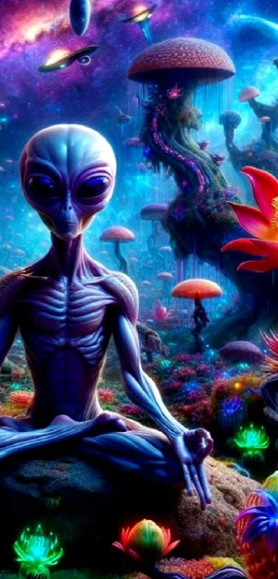 Alien meditating in a colorful, fantasy landscape filled with vibrant flora.