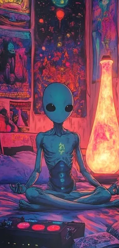 Meditating alien in a neon-lit room.