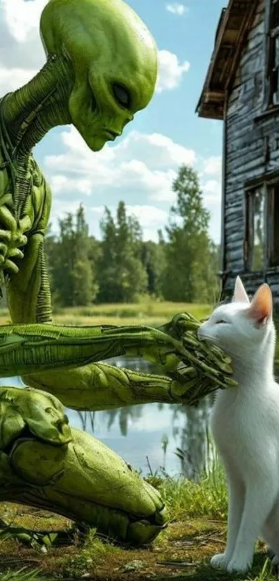 Green alien interacting with a white cat by a lakeside cabin.