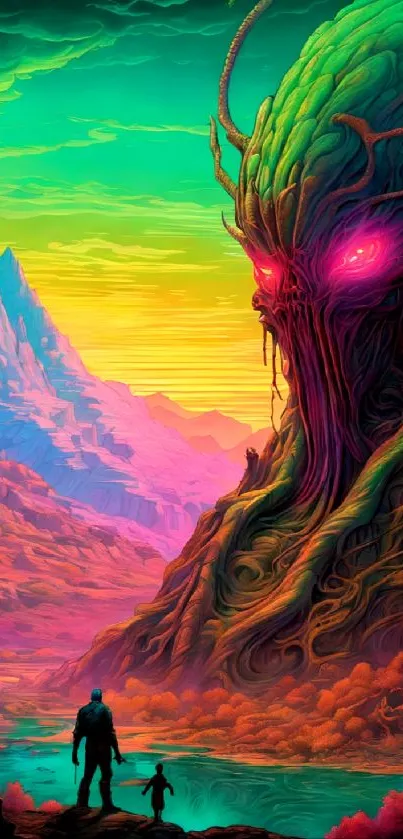 Vibrant fantasy scene with alien creature and mountains.