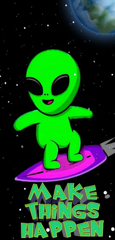 Green cartoon alien on rocket with stars and motivational text in space.