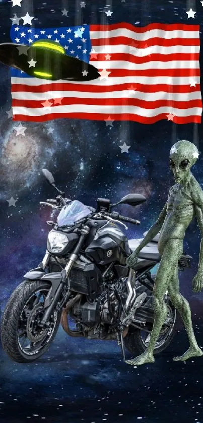 Alien and motorcycle in a galaxy with American flag and UFO overhead.