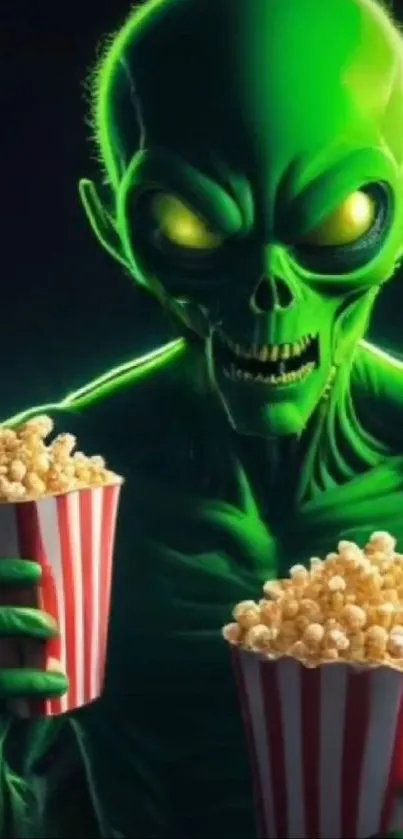 Green alien holding popcorn buckets in a dark setting.