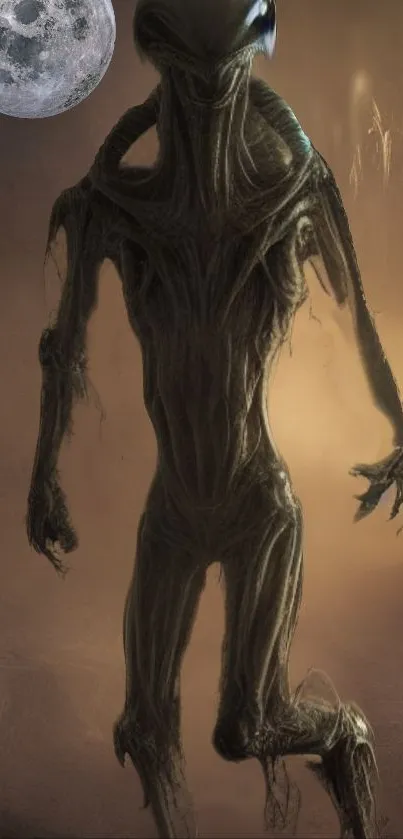 Mysterious alien figure under a full moon on a dark mobile wallpaper.