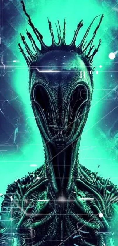 Alien-themed wallpaper with neon green glow and futuristic design.