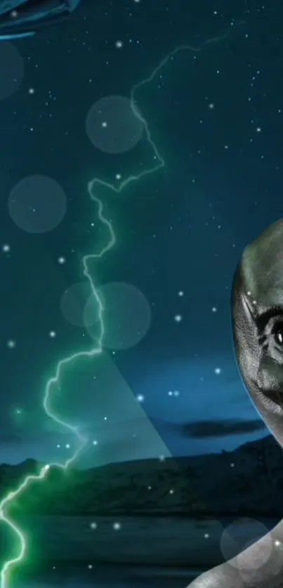 Alien figure under a starry night sky with glowing effects.