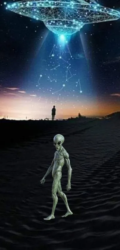 Alien and UFO under a starry night sky on a mysterious landscape.