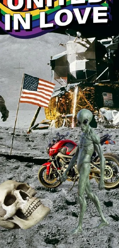 Alien, astronaut, motorcycle on moon with the text "United in Love."