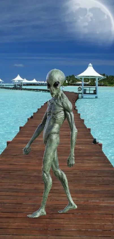 Alien walking on tropical dock under moonlit sky.