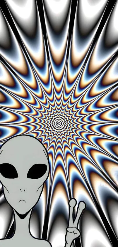 Alien optical illusion wallpaper with spiral pattern and extraterrestrial figure.