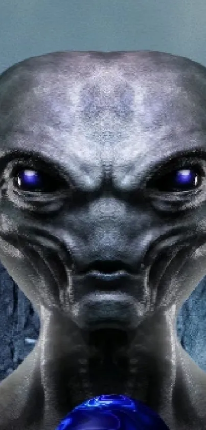 Alien head over mountain peak in cloudy sky wallpaper.