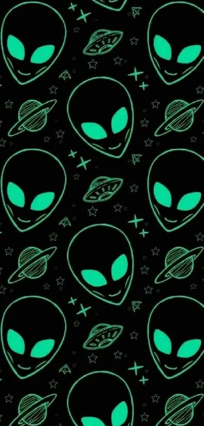 Neon green alien pattern on dark background wallpaper.