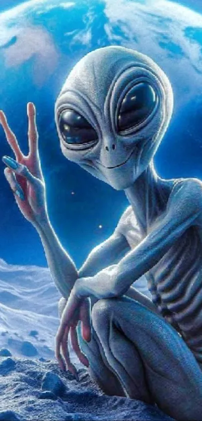 Alien giving peace sign on the moon with Earth in the background.