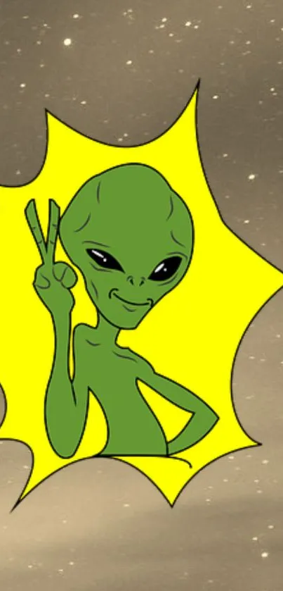 Green alien with peace sign in yellow starburst.