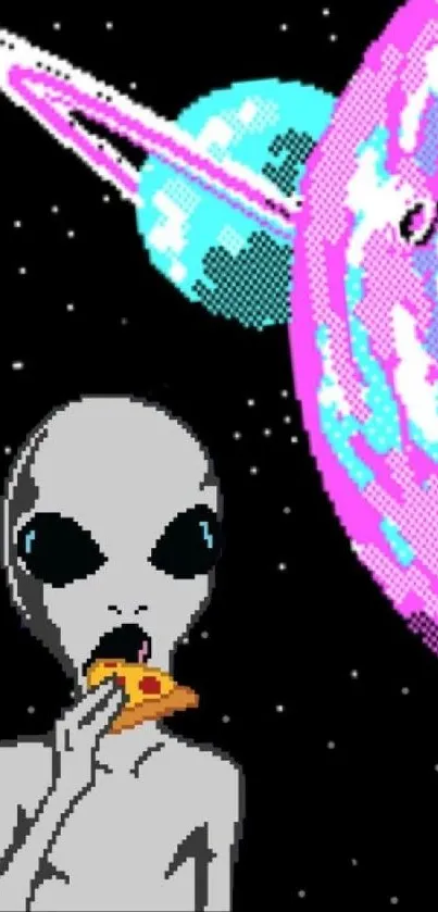 Alien eating pizza in colorful space art wallpaper.