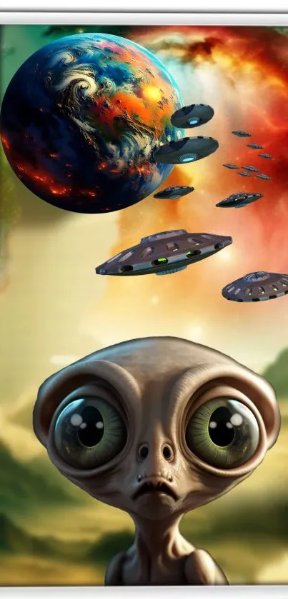 Alien with UFOs and colorful planet in the background.
