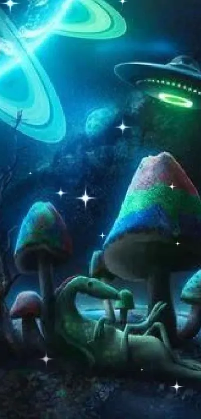 Surreal alien world with UFO and rainbow mushrooms.