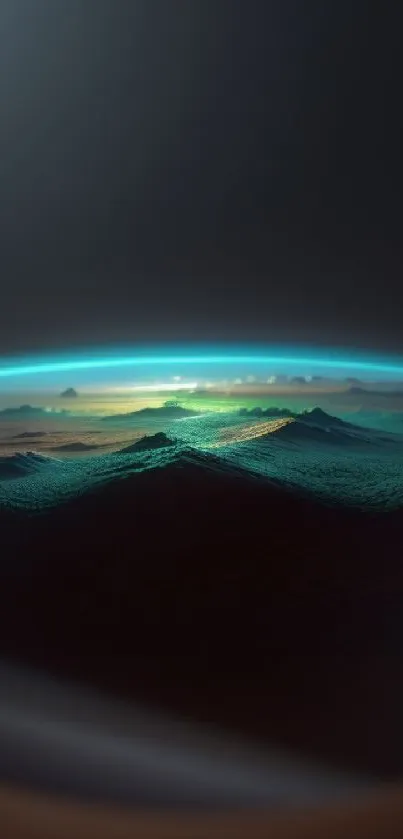 Alien horizon with glowing atmosphere and rugged terrain on a distant planet.