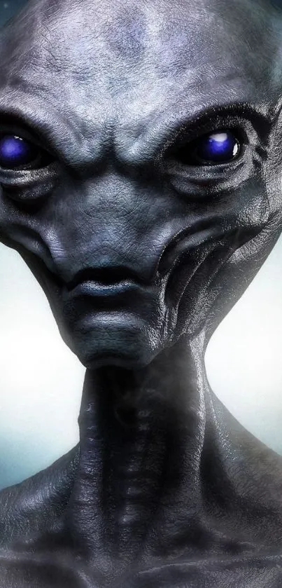 Alien with blue eyes and grey skin in sci-fi artwork wallpaper.