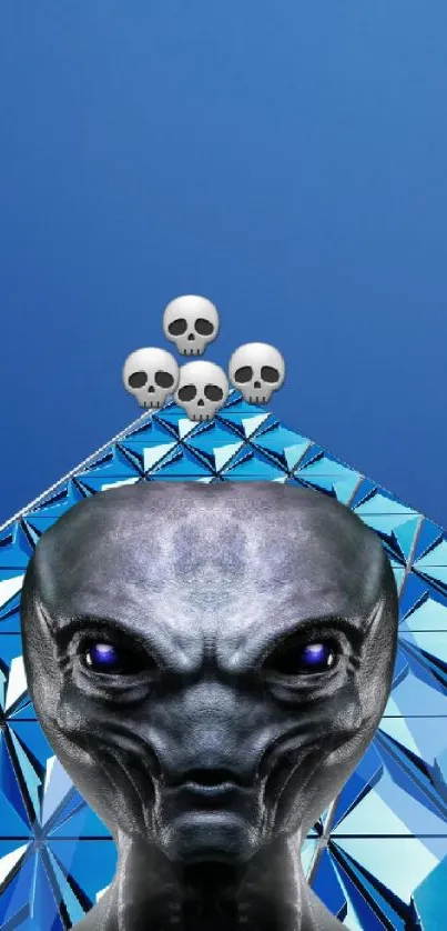 Alien on blue pyramid with skulls, sci-fi mobile wallpaper.